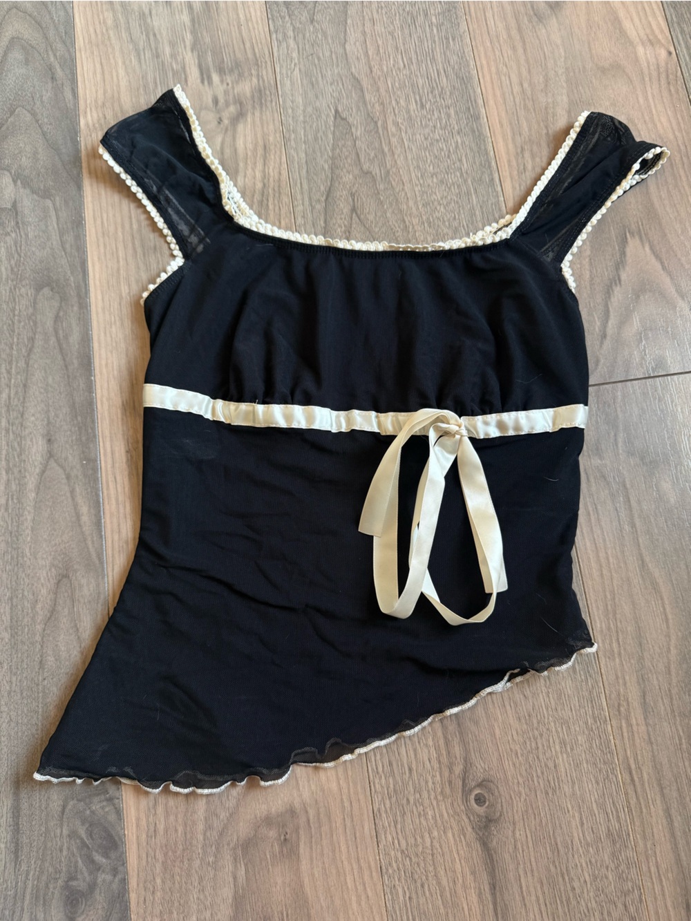 Black Asymmetrical Tank with Cream Bow